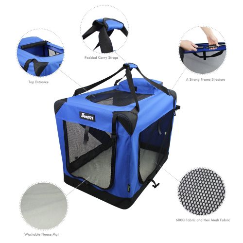  JESPET Soft Dog Crates Kennel for Pets, 3 Door Soft Sided Folding Travel Pet Carrier with Straps and Fleece Mat for Dogs, Cats, Rabbits, Blue & Beige