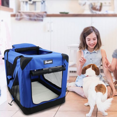  JESPET Soft Dog Crates Kennel for Pets, 3 Door Soft Sided Folding Travel Pet Carrier with Straps and Fleece Mat for Dogs, Cats, Rabbits, Blue & Beige