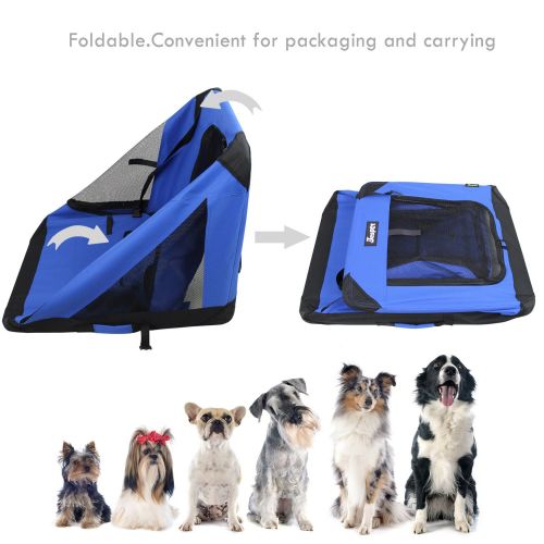  JESPET Soft Dog Crates Kennel for Pets, 3 Door Soft Sided Folding Travel Pet Carrier with Straps and Fleece Mat for Dogs, Cats, Rabbits, Blue & Beige