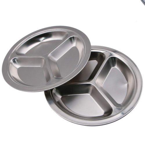  JETEHO 3 Compartments Stainless Steel Sectioned Dinner Plates,Stainless Steel Round Divided Dinner Plates Pack of 2