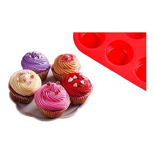  Mini Muffin &Cupcake Set, 24 Cups 2-Pieces, Nonstick Silicone Baking Pan, BPA Free and Dishwasher Safe, Great for Making Muffin Cakes, Tart, Bread (24 Cups Red,2 PCS)