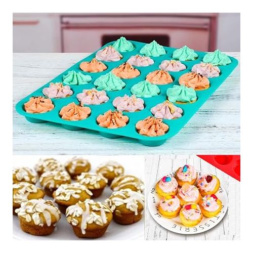  Mini Muffin &Cupcake Set, 24 Cups 2-Pieces, Nonstick Silicone Baking Pan, BPA Free and Dishwasher Safe, Great for Making Muffin Cakes, Tart, Bread (24 Cups Red,2 PCS)