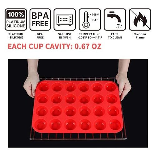  Mini Muffin &Cupcake Set, 24 Cups 2-Pieces, Nonstick Silicone Baking Pan, BPA Free and Dishwasher Safe, Great for Making Muffin Cakes, Tart, Bread (24 Cups Red,2 PCS)