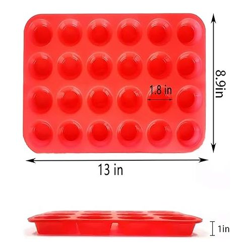  Mini Muffin &Cupcake Set, 24 Cups 2-Pieces, Nonstick Silicone Baking Pan, BPA Free and Dishwasher Safe, Great for Making Muffin Cakes, Tart, Bread (24 Cups Red,2 PCS)