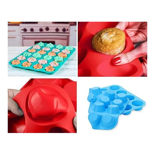  Mini Muffin &Cupcake Set, 24 Cups 2-Pieces, Nonstick Silicone Baking Pan, BPA Free and Dishwasher Safe, Great for Making Muffin Cakes, Tart, Bread (24 Cups Red,2 PCS)