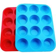JEWOSTER Non-Sticky Silicone Muffin Pan?Muffin Molder for Muffins and Cupcakes?Cupcake silicone molder?Baking Accessory?12 X Muffin Molders (12-Red+Blue)