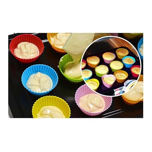  Reusable Silicone Cupcake Baking Cups 24 Pack, 2.75 inch Cups, & Non-stick Muffin Liners for Party Halloween Christmas,6 Rainbow Colors (Pack of 24,Multicolor)