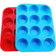 [아마존베스트]JEWOSTER Non-Sticky Silicone Muffin PanMuffin Molder for Muffins and CupcakesCupcake silicone molderBaking Accessory12 X Muffin Molders (12-Red+Blue)