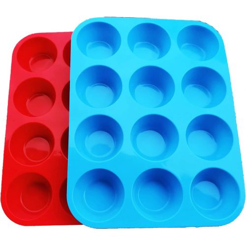  [아마존베스트]JEWOSTER Non-Sticky Silicone Muffin PanMuffin Molder for Muffins and CupcakesCupcake silicone molderBaking Accessory12 X Muffin Molders (12-Red+Blue)