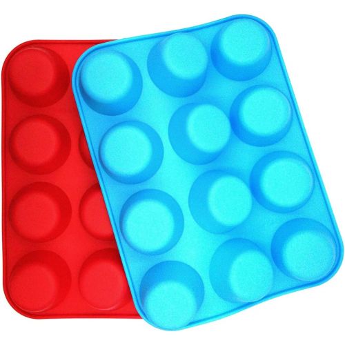  [아마존베스트]JEWOSTER Non-Sticky Silicone Muffin PanMuffin Molder for Muffins and CupcakesCupcake silicone molderBaking Accessory12 X Muffin Molders (12-Red+Blue)