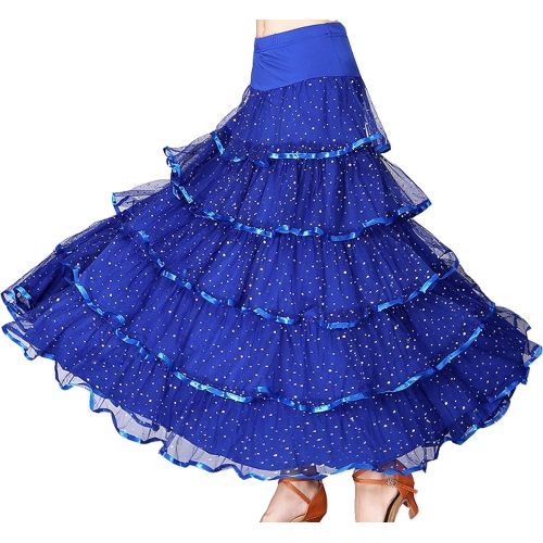  JEZISYMA Womens Layered Glitter Waltz Party Flamenco Swing Ballroom Dance Skirt
