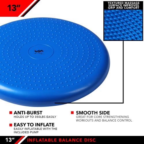  j/fit Inflatable Balance & Stability Disc: 13 Large Yoga Wobble Cushion Trainer with Pump - Core Fitness & Workout Equipment Discs for Home - Office Chair, Ankle Strength Training