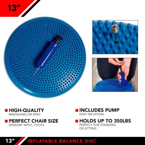  j/fit Inflatable Balance & Stability Disc: 13 Large Yoga Wobble Cushion Trainer with Pump - Core Fitness & Workout Equipment Discs for Home - Office Chair, Ankle Strength Training