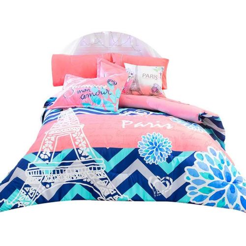  JHF NEW GIRLS TEENS BLUE CORAL EIFFEL TOWER PARIS REVERSIBLE COMFORTER SET 10 PCS QUEEN