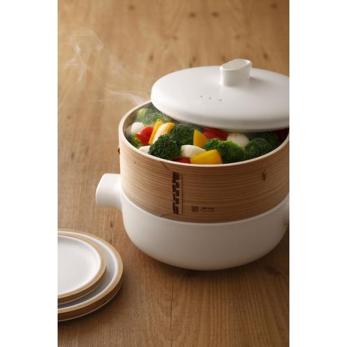  JIA Inc. Steamer Set Large Set (Ceramic Steamer Pot and Lid + Cedar Wood Basket)