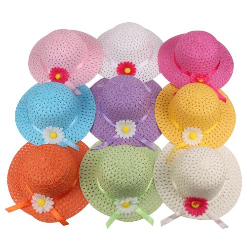  JIAKAI Girls Sunflower Straw Tea Party Hat Set (9 Pcs, Assorted Colors)