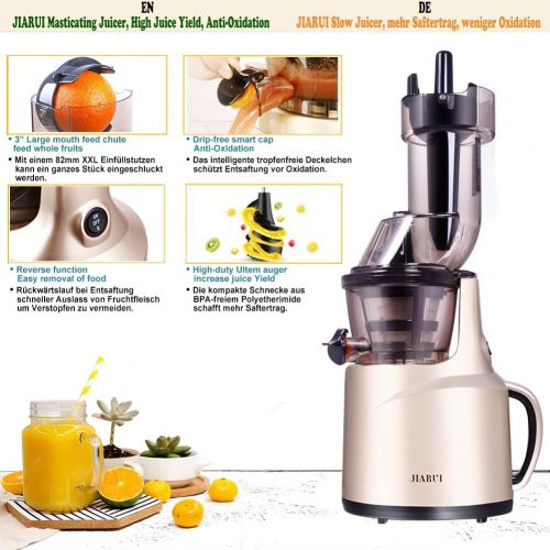  JIARUI Slow Juicer Entsafter, Fruechte & Gemuesesaft Kaltpresse (150W, 60 U/min, 58 dB leise, BPA frei) mit Zubehoer, Reinigungsbuerste (Gold)