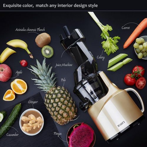  JIARUI Slow Juicer Entsafter, Fruechte & Gemuesesaft Kaltpresse (150W, 60 U/min, 58 dB leise, BPA frei) mit Zubehoer, Reinigungsbuerste (Gold)