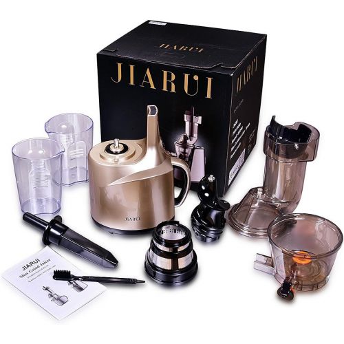  JIARUI Slow Juicer Entsafter, Fruechte & Gemuesesaft Kaltpresse (150W, 60 U/min, 58 dB leise, BPA frei) mit Zubehoer, Reinigungsbuerste (Gold)