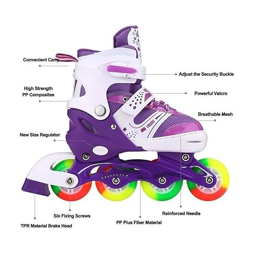  Kids Adjustable Flashing Inline Skates for Boys, Girls and Adults with Full Light Up Wheels, Outdoor Roller Skates for Kids Beginner Ages 4-12, Men and Women