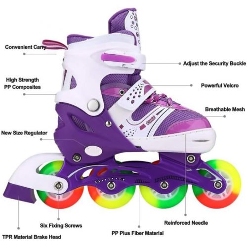  JIFAR Youth Children’s Inline Skates for Kids, Adjustable Inlines Skates with Light Up Wheels for Girls Boys, Indoor&Outdoor Ice Skating Equipment Medium Size(2-5 US), Purple…