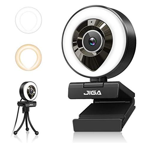  [아마존베스트]1080P Webcam mit Mikrofon, Full HD Facecam Live-Streaming Webcams mit Ringlicht, Stativ, 360° Schwenkradius JIGA, USB Kamera fuer PC, Videochat-Aufnahme, Mac, Laptop, Zoom, Skype (W
