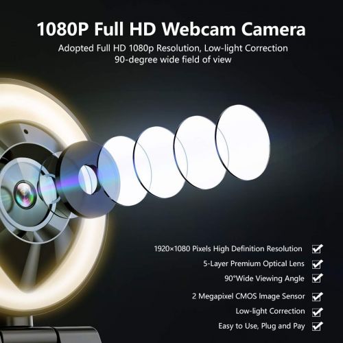  [아마존베스트]1080P Webcam mit Mikrofon, Full HD Facecam Live-Streaming Webcams mit Ringlicht, Stativ, 360° Schwenkradius JIGA, USB Kamera fuer PC, Videochat-Aufnahme, Mac, Laptop, Zoom, Skype (W