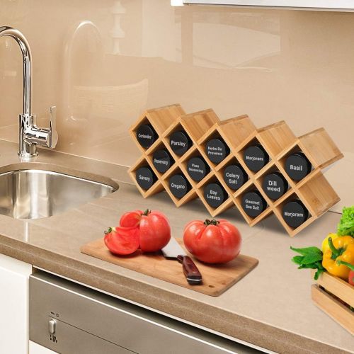  JIIKOOAI Criss-Cross 18-Jar Bamboo Countertop Spice Rack Organizer, Kitchen Cabinet Cupboard Wall Mount Door Spice Storage, Fit for Round and Square Spice Bottles, Free Standing for Counter