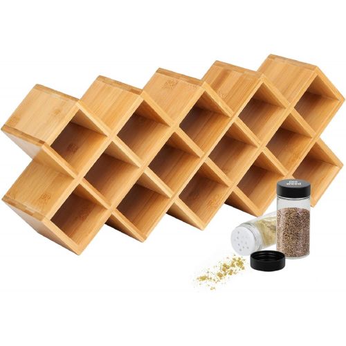  JIIKOOAI Criss-Cross 18-Jar Bamboo Countertop Spice Rack Organizer, Kitchen Cabinet Cupboard Wall Mount Door Spice Storage, Fit for Round and Square Spice Bottles, Free Standing for Counter