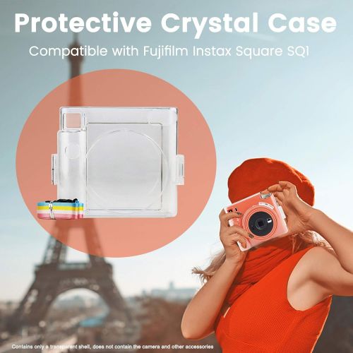  JINSERTA Protective Clear Case for Fujifilm Instax Square SQ1 Instant Film Camera, Crystal Hard PC Cover for Instax Square SQ1 with Removable Rainbow Shoulder Strap