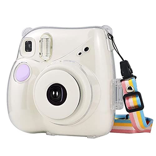  JINSERTA Transparent Crystal Camera Case Compatible with Fujifilm Instax Mini 7+ Camera, Clear Protective Hard Case with Adjustable Rainbow Shoulder Strap