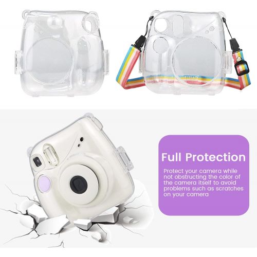  JINSERTA Transparent Crystal Camera Case Compatible with Fujifilm Instax Mini 7+ Camera, Clear Protective Hard Case with Adjustable Rainbow Shoulder Strap