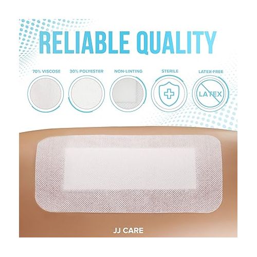  JJ CARE Adhesive Island Dressing [Pack of 25], 4” x 8” Sterile Island Wound Dressing, Breathable Bordered Gauze Dressing, Individually Wrapped Latex Free Wound Bandages with Non-Stick Central Pad