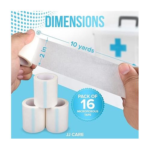  JJ CARE Micropore Tape [Pack of 16], 2” x 10 Yards, Breathable Paper Tape Medical Use, Latex-Free Paper Surgical Tape, Individually Boxed Paper Bandage Tape Rolls