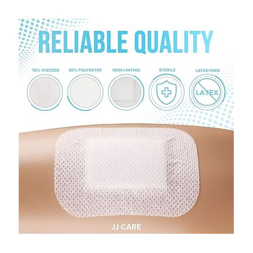  JJ CARE Adhesive Island Dressing [Pack of 50], 4x5 Sterile Bordered Gauze Dressing, Individually Wrapped Breathable Island Wound Dressing with Highly Absorbent Non-Stick Center Pad