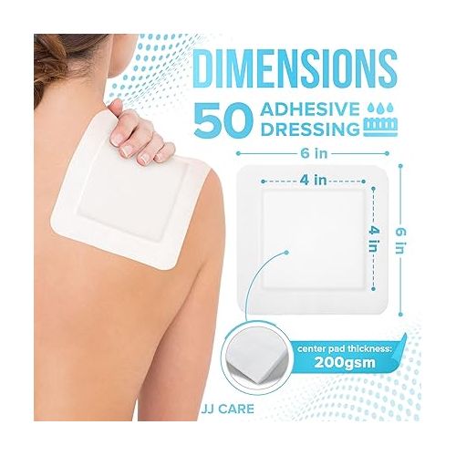  JJ CARE Adhesive Island Dressing [Pack of 50], 6x6 Sterile Bordered Gauze Dressing, Breathable Island Wound Dressing Individually Wrapped with Highly Absorbent Non-Stick Center Pad