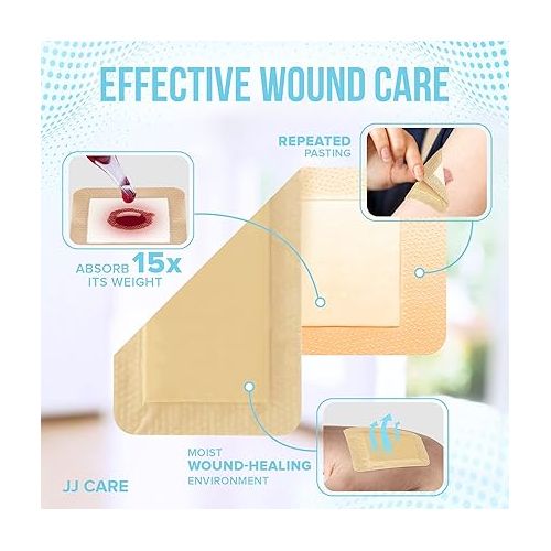  JJ CARE Silicone Foam Dressing [Pack of 5], 4x12 Silicone Bandages for Wounds, Absorbent Foam Dressing with Adhesive Border, Medical Bandage with Showerproof Adhesive