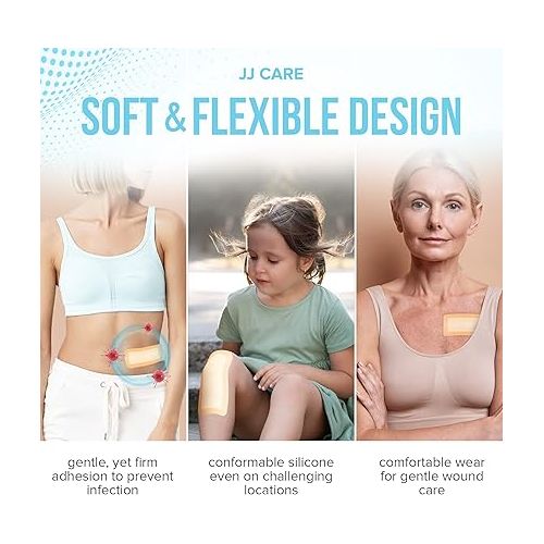  JJ CARE Silicone Foam Dressing [Pack of 5], 4x12 Silicone Bandages for Wounds, Absorbent Foam Dressing with Adhesive Border, Medical Bandage with Showerproof Adhesive
