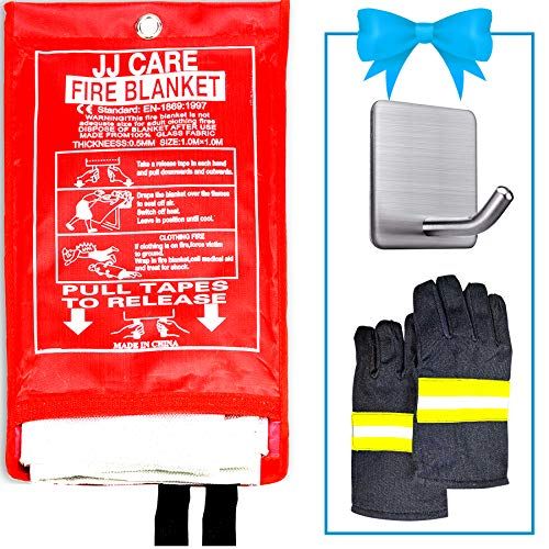  JJ CARE [All in ONE] Fire Blanket Fire Suppression Blanket with Fire Protective Gloves -Suitable for Camping, Grilling, Kitchen Safety, Car and Fireplace Retardant Blanket for Emer