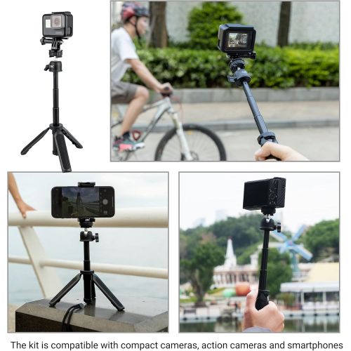  JJC 2 in 1 Selfie Stick Extension Pole and Extendable Mini Tripod for GoPro Hero 10 9 8 7 DJI Osmo AKASO Insta360 Action Camera, iPhone Android Samsung Phone, Compact Vlog Camera,