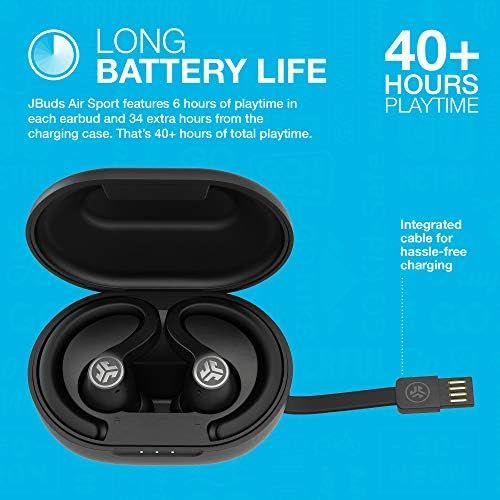  JLab JBuds Air Sport True Wireless Bluetooth Earbuds + Charging Case Black IP66 Sweat Resistance - Class 1 Bluetooth 5.0 Connection 3 EQ Sound Settings JLab Signature, Balanced, Ba