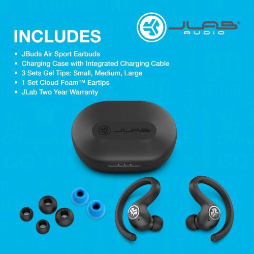  JLab JBuds Air Sport True Wireless Bluetooth Earbuds + Charging Case Black IP66 Sweat Resistance - Class 1 Bluetooth 5.0 Connection 3 EQ Sound Settings JLab Signature, Balanced, Ba