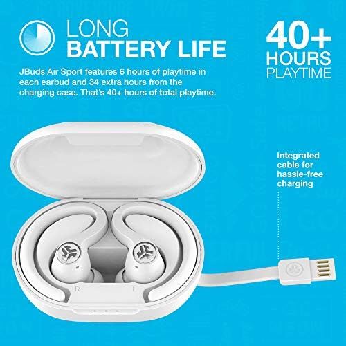  JLab JBuds Air Sport True Wireless Bluetooth Earbuds + Charging Case - White - IP66 Sweat Resistance - Class 1 Bluetooth 5.0 Connection - 3 EQ Sound Settings JLab Signature, Balanc