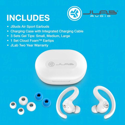  JLab JBuds Air Sport True Wireless Bluetooth Earbuds + Charging Case - White - IP66 Sweat Resistance - Class 1 Bluetooth 5.0 Connection - 3 EQ Sound Settings JLab Signature, Balanc