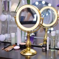 JLDN Lights Vanity Mirror, LED Beauty Mirror, 9-Inch Bathroom Mirror, Gold Makeup Mirror, Double Sided Tabletop Round Mirror, Yellow Light White switchable