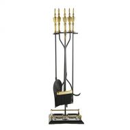 JLXJ Heavy Duty 5 Pieces Fireplace Tools Sets, Cast Iron Fire Place Fire Pit Wood Stove Hearth Stand, Tongs Shovel Antique Brush Chimney Poker, Gold Handles