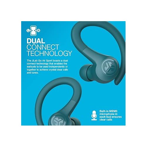  JLab Go Air Sport, Wireless Workout Earbuds, Teal, Featuring C3 Clear Calling, Secure Earhook Sport Design, 32+ Hour Bluetooth Playtime, and 3 EQ Sound Settings