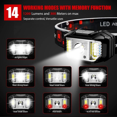  Headlamp Rechargeable, JNDFOFC 1200 Lumen Super Bright Motion Sensor LED Head Lamp flashlight, 2 PACK Waterproof Headlight with White Red Light,14 Modes Head Lights for Outdoor Cam