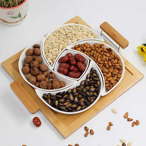  JOAHCHEN Dried Fruit Plate,Creative Ceramic Snack Serving Tray with Wood Holder and Lid Exquisite Design Party Supplies Five Sections for Fruit/Nuts/Candy(33x27.3x5cm),White