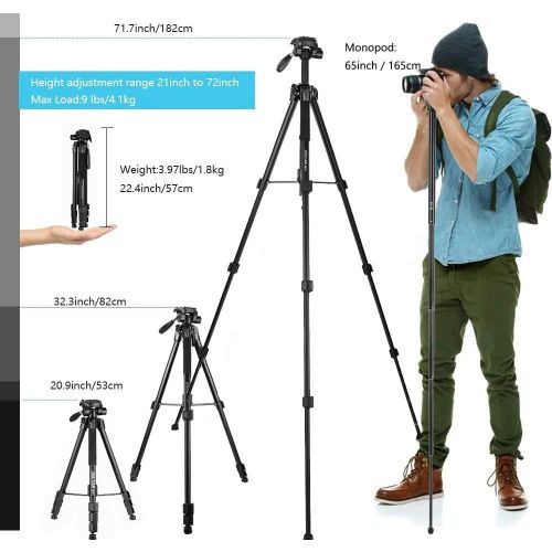  JOILCAN 72-Inch Camera/Phone Tripod, Aluminum Tripod Travel Monopod Full Size for DSLR with 2 Quick Release Plates,Universal Phone Mount and Convenient Carrying Case Ideal for Travel and W